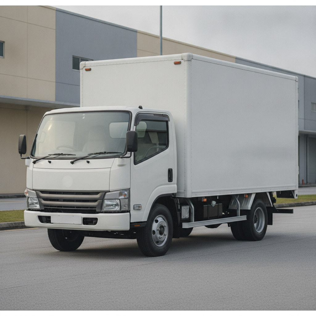 A white 10-foot lorry parked in a Singapore industrial estate, seen from the front three-quarter angle in morning light.