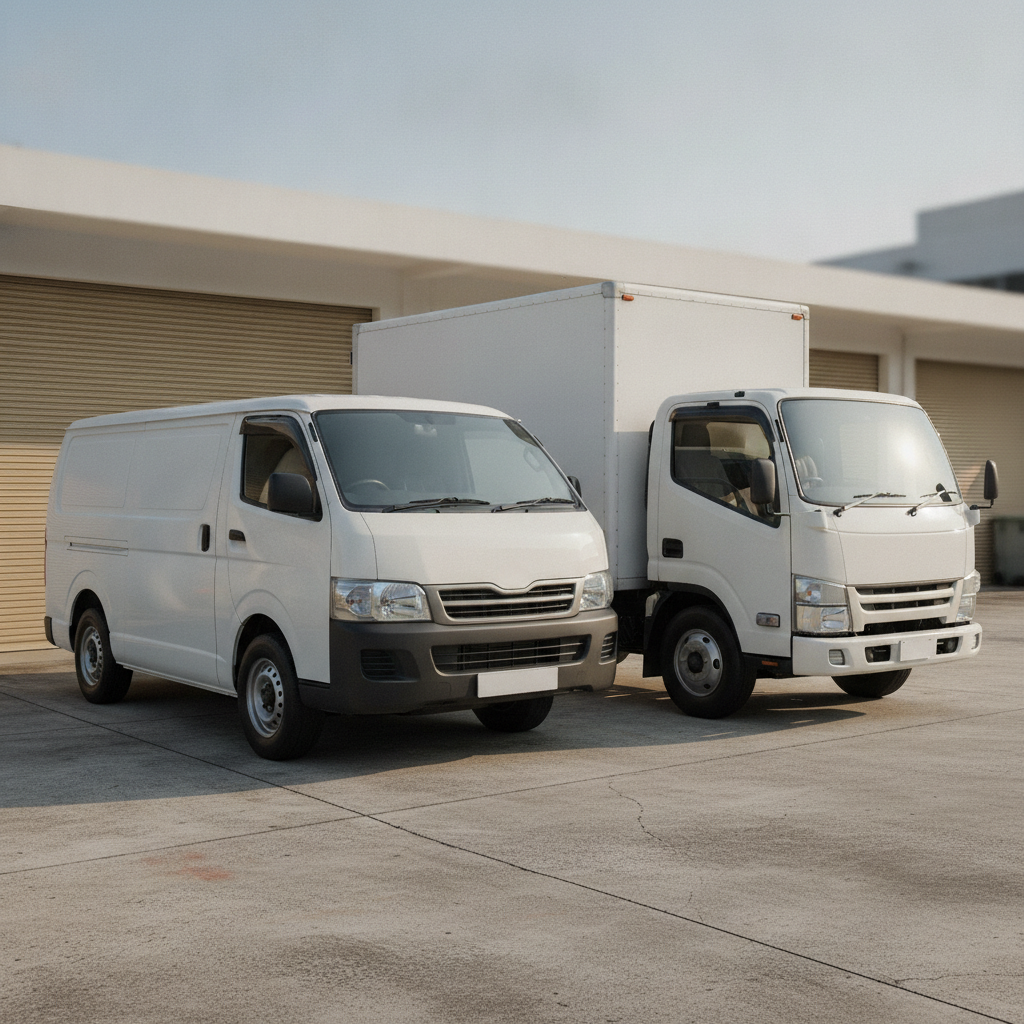 A white panel van and a light lorry parked side by side outside a Singapore workshop in the morning.