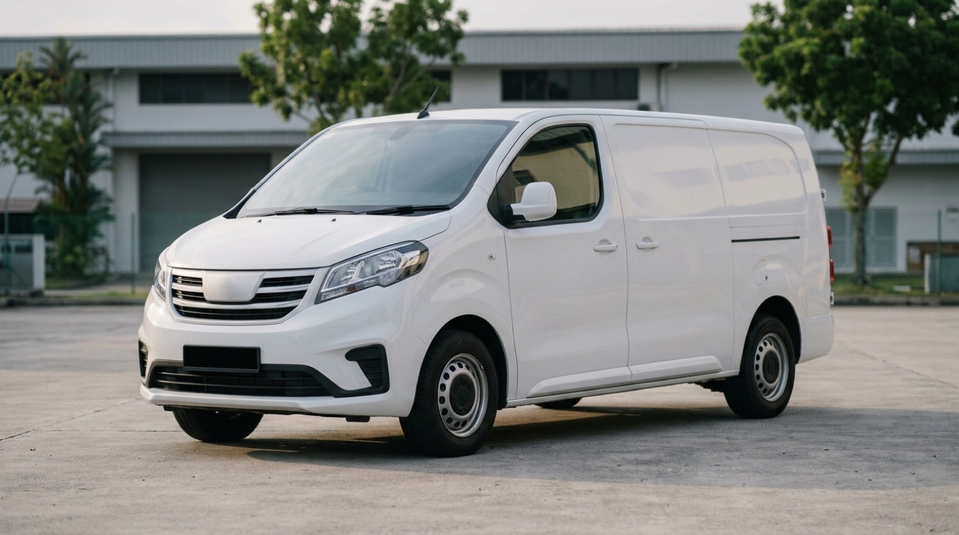 A plain white panel van parked in a quiet Singapore industrial estate in the early morning.