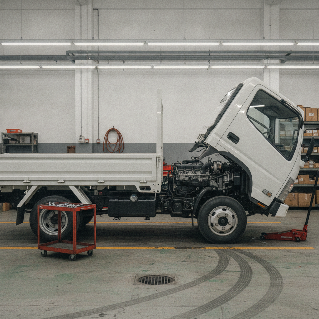 A light lorry in a Singapore workshop seen in profile, its cab tilted forward on the hinge at the front of the chassis so the diesel engine sits exposed between the chassis rails.