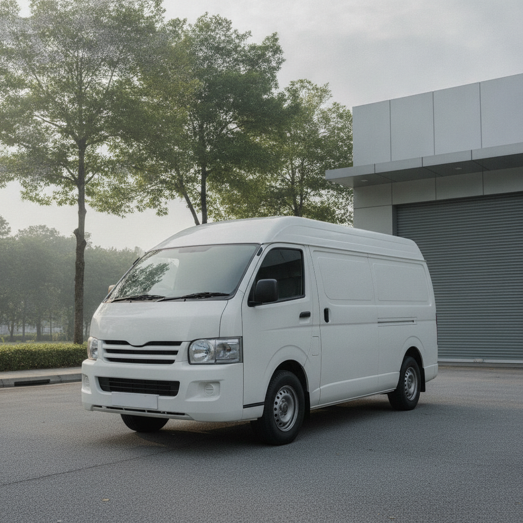 A white panel van parked outside a Singapore industrial building in the morning, seen from the front three-quarter angle.